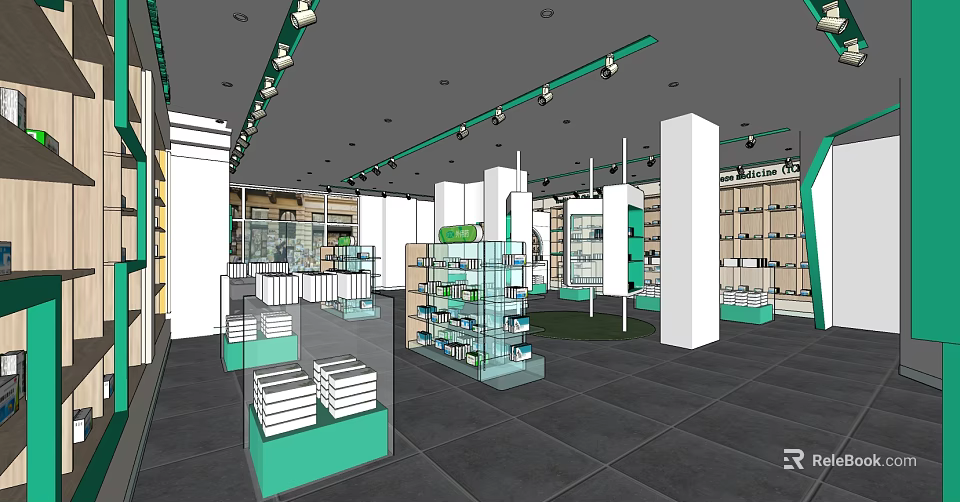 Modern Store Interior Design With Glass Display Cases Shelves And Track Lighting 3d model 
