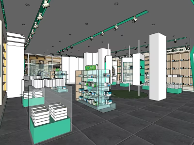 Modern Store Interior Design With Glass Display Cases Shelves And Track Lighting 3d model
