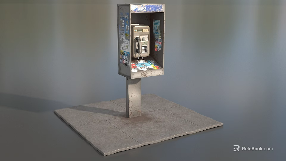 Public Telephone Booth With Advertisements And Metal Pole On Concrete Platform Outdoor 3d model 