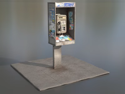 Public Telephone Booth With Advertisements And Metal Pole On Concrete Platform Outdoor 3d model