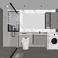 Modern Bathroom Interior With Glass Shower Toilet Vanity Marble Countertop Mirror And Washing Machine