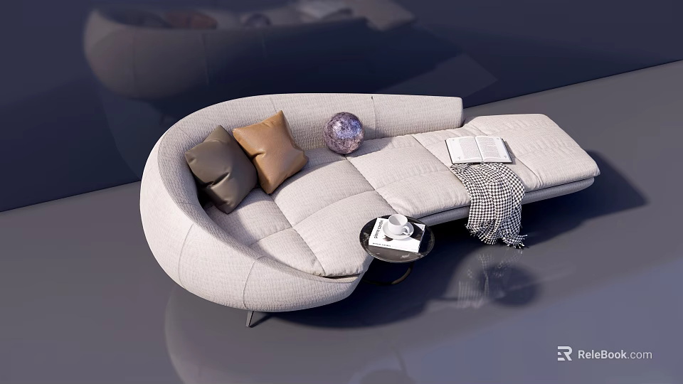 Modern White Curved Chaise Lounge with Throw Pillows Small Table and Books 3d model 