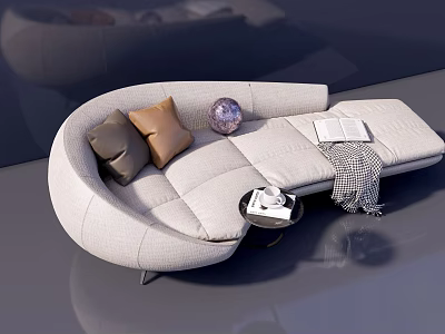 Modern White Curved Chaise Lounge with Throw Pillows Small Table and Books 3d model