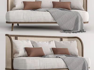 Rattan Frame Sectional Sofa With Beige Cushions Brown Pillows And Checkered Throw Blanket 3d model