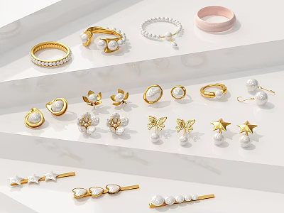 Elegant Gold Pearl Jewelry With Rings Earrings Bracelets And Star Hairpins 3d model