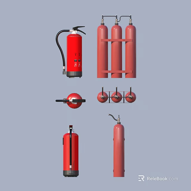 Home Safety Supplies Including Red Fire Extinguishers Gas Cylinders And Equipment 3d model 