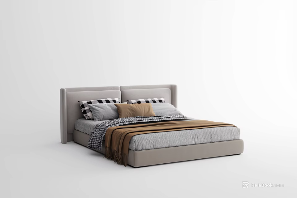 Modern Double Bed With Light Gray Headboard Plaid Brown Pillows And Brown Blanket 3d model 
