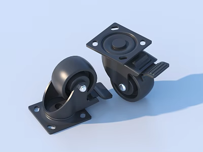 Two Black Swivel Casters with Locking Brake and Square Metal Base 3d model