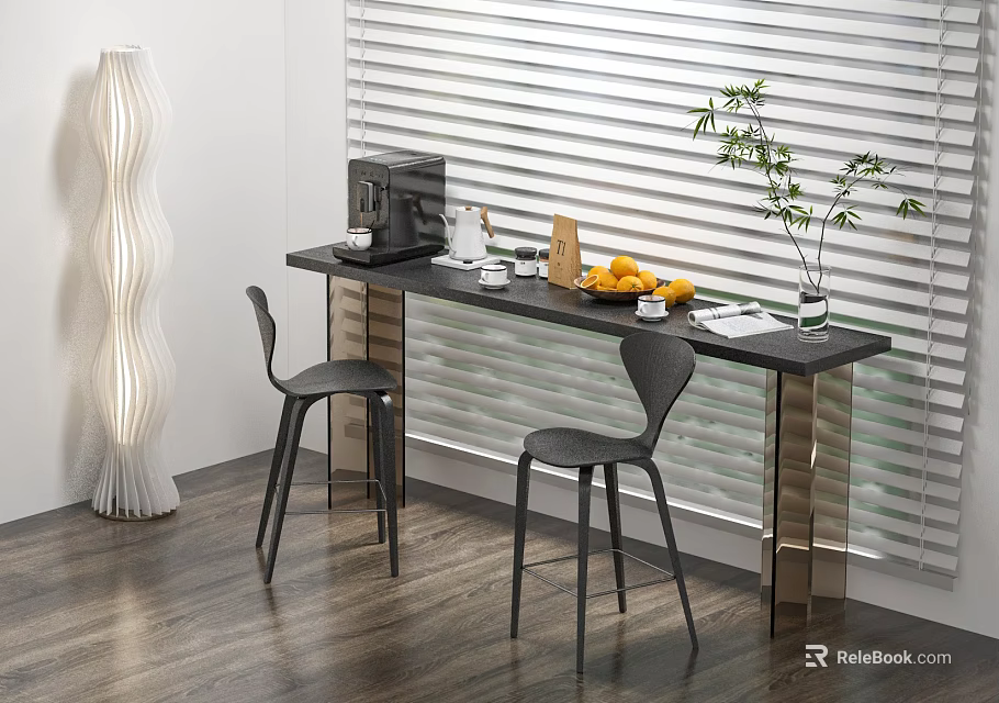 Stylish Bar Counter With Black Stool Coffee Machine Fruit Plant Wooden Floor And Floor Lamp 3d model 