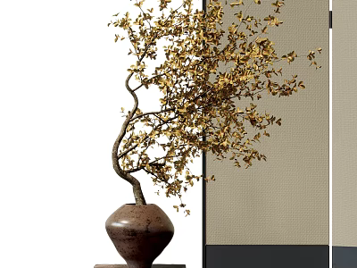 Bonsai Plant with Curved Trunk and Golden Leaves in Brown Ceramic Pot Against Screen Background 3d model