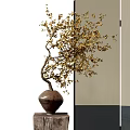 Bonsai Plant with Curved Trunk and Golden Leaves in Brown Ceramic Pot Against Screen Background
