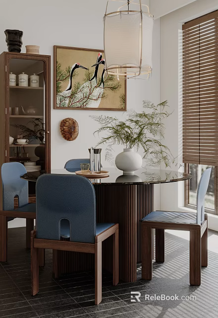 Stylish Round Glass Dining Table Set With Blue Chairs Wooden Frame White Vase Green Plants 3d model 