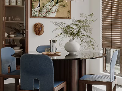 Stylish Round Glass Dining Table Set With Blue Chairs Wooden Frame White Vase Green Plants 3d model