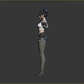 Woman With Double Buns White Crop Top Dark Shorts Green Socks Tool Belt Arms Outstretched