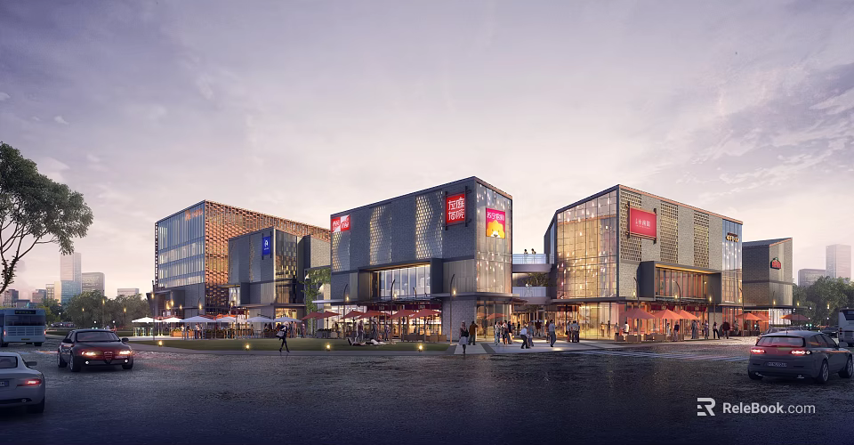 Vibrant Modern Commercial Street Featuring Glass Facades Busy Shops Pedestrians And Outdoor Areas 3d model 