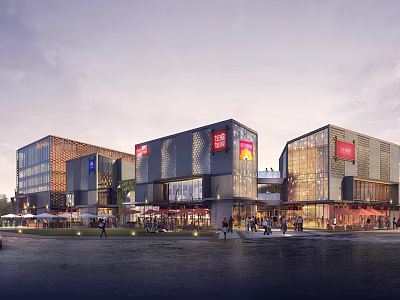 Vibrant Modern Commercial Street Featuring Glass Facades Busy Shops Pedestrians And Outdoor Areas 3d model