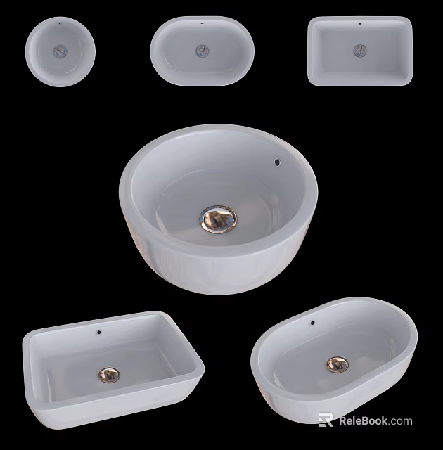 Modern White Ceramic Washbasin Featuring Round Square Oval Shapes for Bathroom Design 3d model 