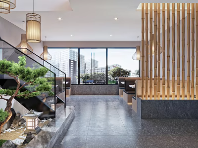 Modern Restaurant Interior With Bamboo Screen Hanging Lamps Large Windows And Stone Floor 3d model