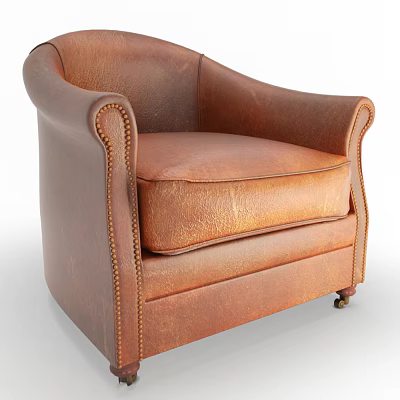 Vintage Brown Leather Armchair With Padded Seat Stitched Details And Caster Wheels 3d model