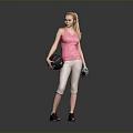 Woman In Pink Striped Tank Top Holding Black Basketball And Green Dumbbell With Gray Leggings