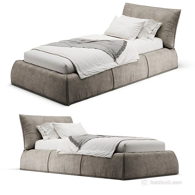 Modern Single Bed Design with Upholstered Gray Frame White Sheets and Gray Blanket 3d model