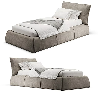 Modern Single Bed Design with Upholstered Gray Frame White Sheets and Gray Blanket 3d model