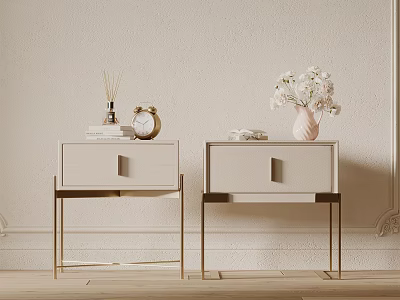 Elegant Modern Bedside Tables With White Top Gold Legs Vase Flowers Clock And Books 3d model