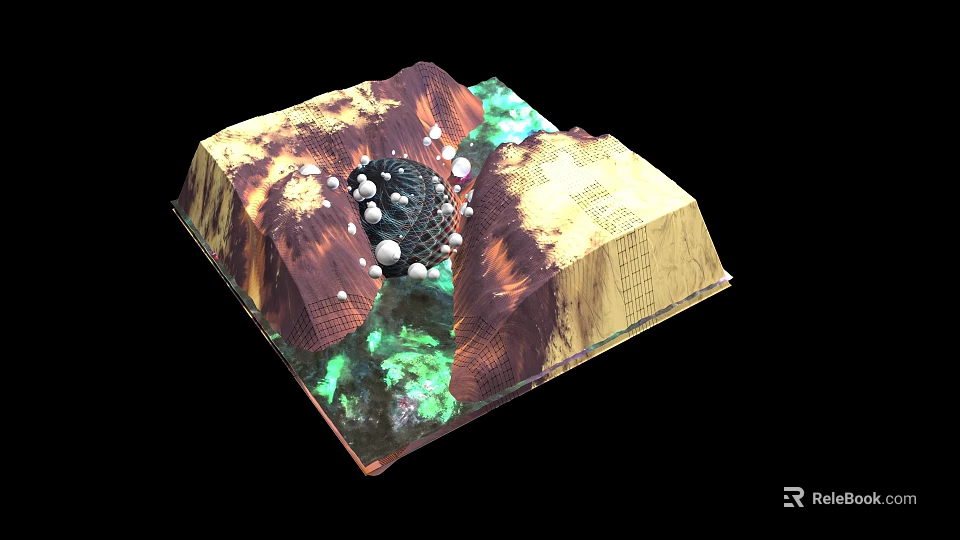 Square Art Installation With Brown And Green Textures Central Black Sphere And Surrounding White Balls 3d model 
