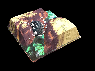Square Art Installation With Brown And Green Textures Central Black Sphere And Surrounding White Balls 3d model
