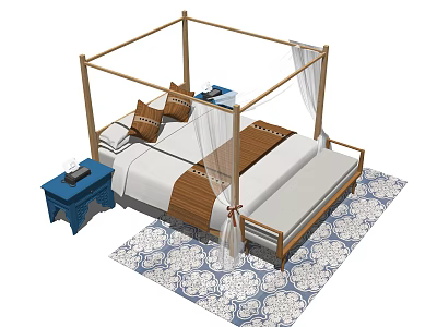 Wooden Four Poster Double Bed With White Curtains Brown Pillows Blue Nightstand And Patterned Rug 3d model