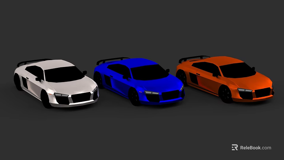 Three Sleek Sports Cars In White Blue And Orange Colors Showcased Together 3d model 