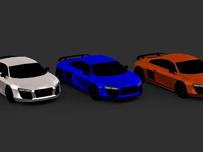 Three Sleek Sports Cars In White Blue And Orange Colors Showcased Together 3d model