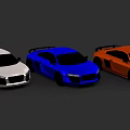 Three Sleek Sports Cars In White Blue And Orange Colors Showcased Together