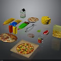 Assorted Food Items Including Pizzas Milk Carton Cheese Fish Condiments And Chips
