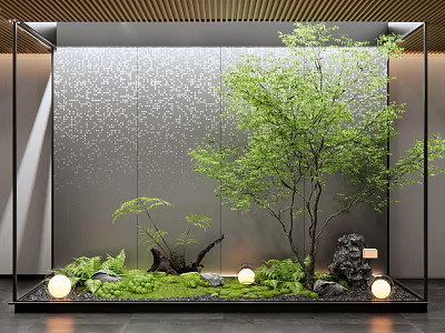 Indoor Landscape with Glass Frame Green Tree Moss Stones Textured Wall and Round Lights 3d model