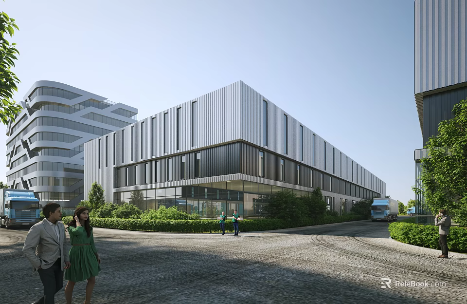 Modern Industrial Factory Building Exterior With Large Glass Windows Greenery Pedestrians On Cobblestone Road 3d model 