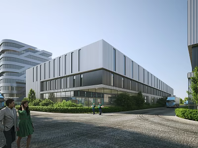 Modern Industrial Factory Building Exterior With Large Glass Windows Greenery Pedestrians On Cobblestone Road 3d model