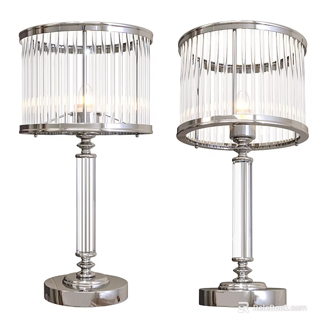 Two Modern Table Lamps With Transparent Striped Lampshades Silver Metal Base And Sleek Lamp Columns 3d model 
