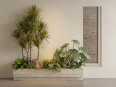 Potted Bonsai Plants In Rectangular Stone Planter With Various Green Foliage And Decorative Rocks 3d model