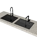 Flexible Black And Silver Faucets With Black Brown Sinks On Speckled Countertop Water Dripping