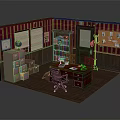 Vintage Office Interior With Striped Wallpaper Window Blinds Bookshelf Desk Refrigerator And Bulletin Board