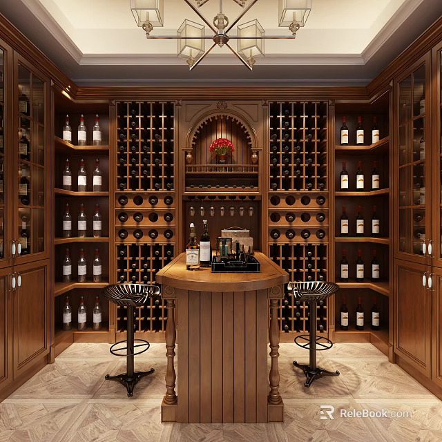 Elegant Wine Cellar Interior Design With Wooden Racks Wine Bottles Central Bar Counter And Stools 3d model 