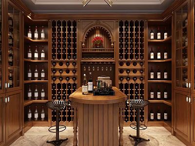 Elegant Wine Cellar Interior Design With Wooden Racks Wine Bottles Central Bar Counter And Stools 3d model