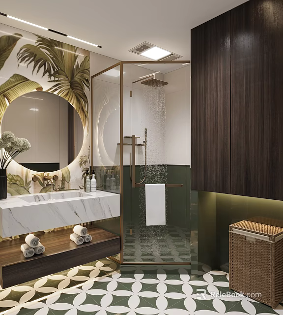 Modern Bathroom With Marble Vanity Round Mirror Tropical Plants And Glass Shower 3d model 