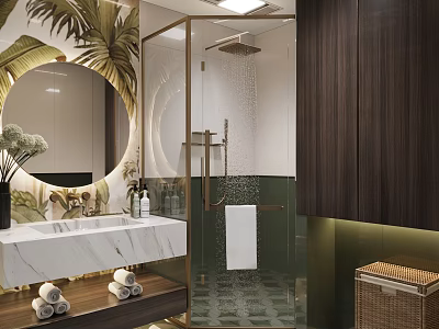 Modern Bathroom With Marble Vanity Round Mirror Tropical Plants And Glass Shower 3d model