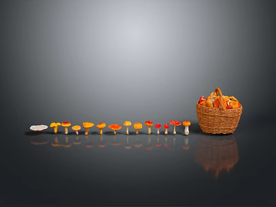 Colorful Mushrooms In A Row And Basket Filled With Mushrooms On Gray Reflective Floor 3d model
