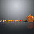 Colorful Mushrooms In A Row And Basket Filled With Mushrooms On Gray Reflective Floor