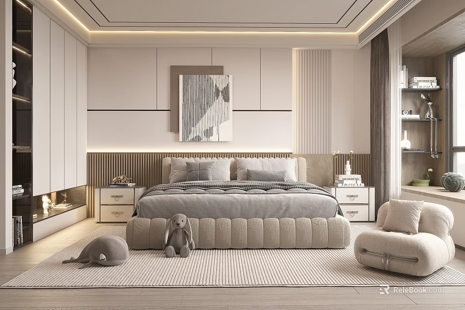 Modern Bedroom Interior Design Featuring Gray Upholstered Bed Abstract Painting Nightstands And Area Rug 3d model 