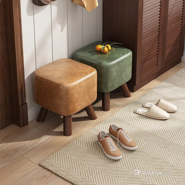 Brown and Green Leather Ottomans with Wooden Legs and Shoes on Carpet 3d model 