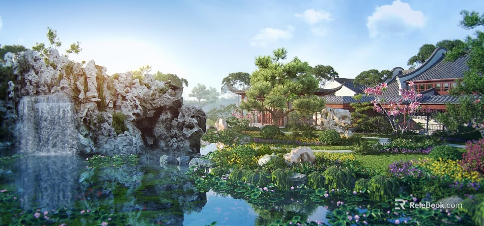 Tranquil Chinese Garden Landscape With Rock Formations Pond Lotus Flowers Pine Trees And Traditional Buildings 3d model 